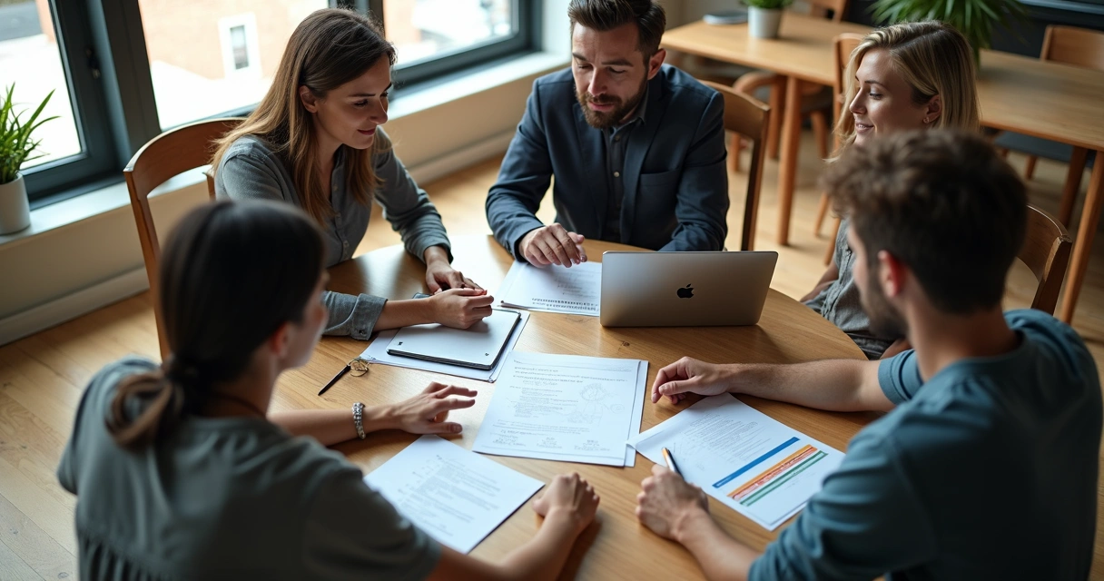 Equipe pequena de marketing e vendas reunida em mesa redonda, com papéis e computadores 