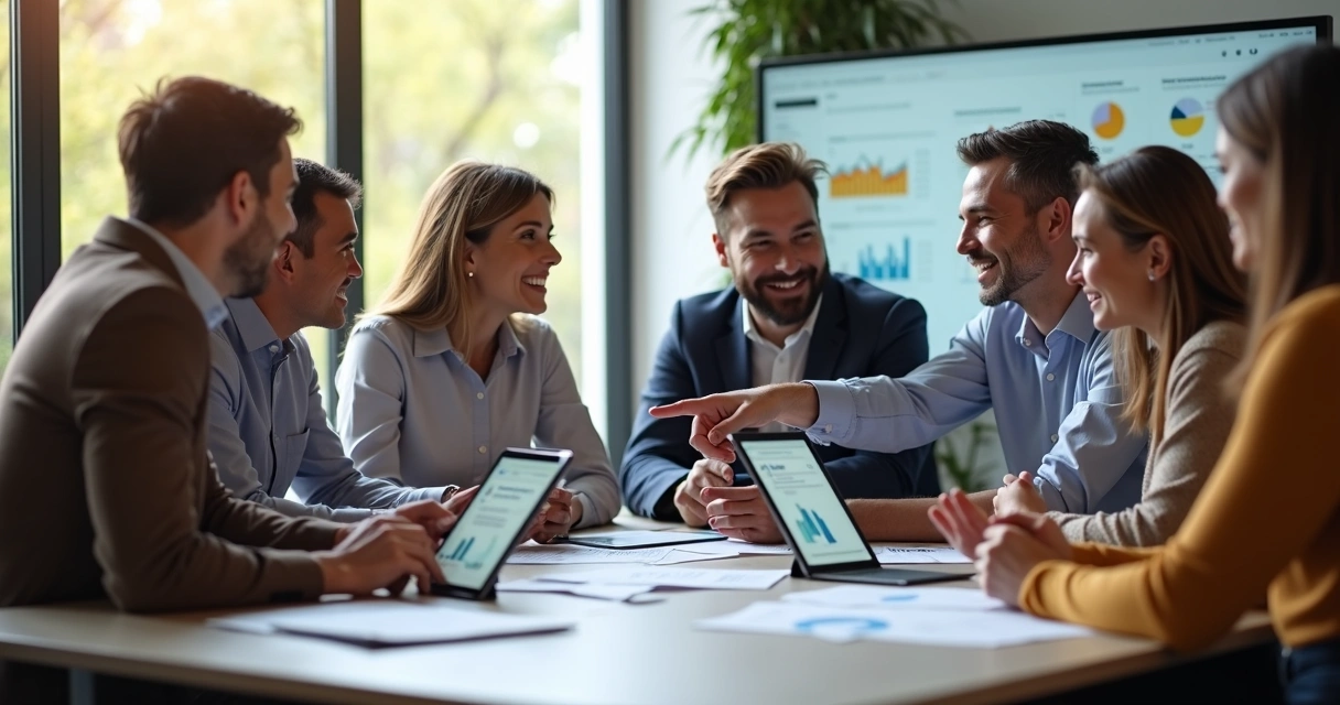Equipe de marketing e vendas reunida com tablets e gráficos 