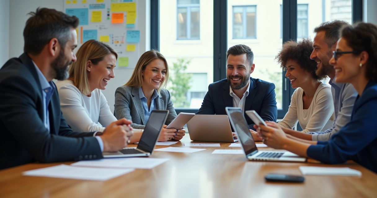 Equipes de marketing e vendas B2B alinhadas ao redor de mesa de reunião 