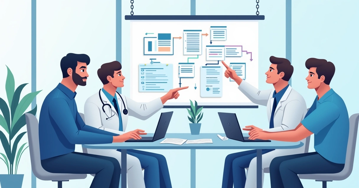 Equipe médica em reunião discutindo protocolos em clínica 