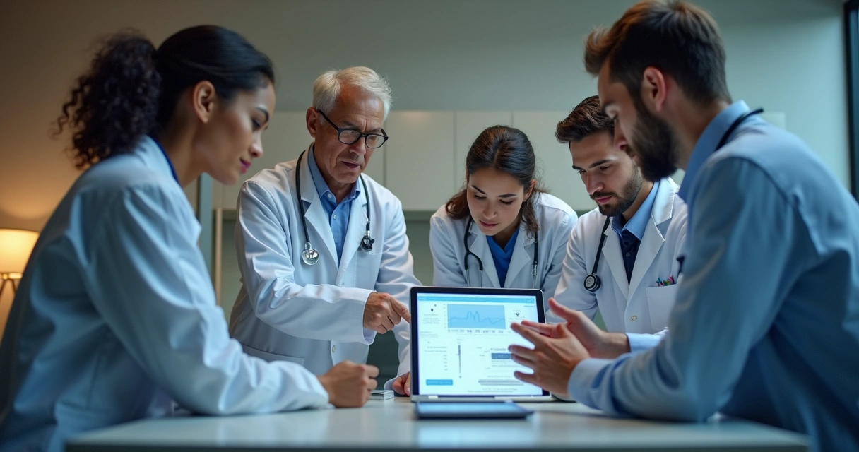 Equipe médica reunida analisando sistema digital. 