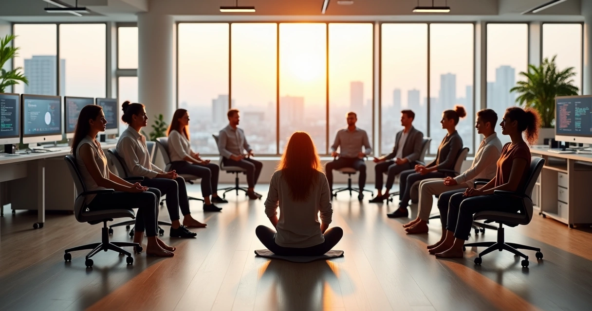 Equipe de trabalho em meditação guiada em escritório digital moderno 