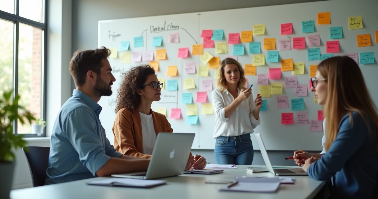 Equipe analisando quadros de ideias e melhorias em um escritório moderno 