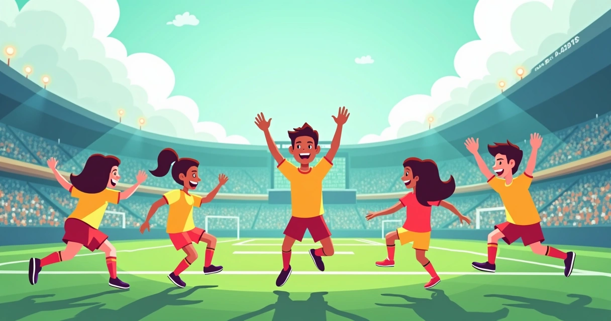 Jogadores de um time pequeno comemorando em campo 