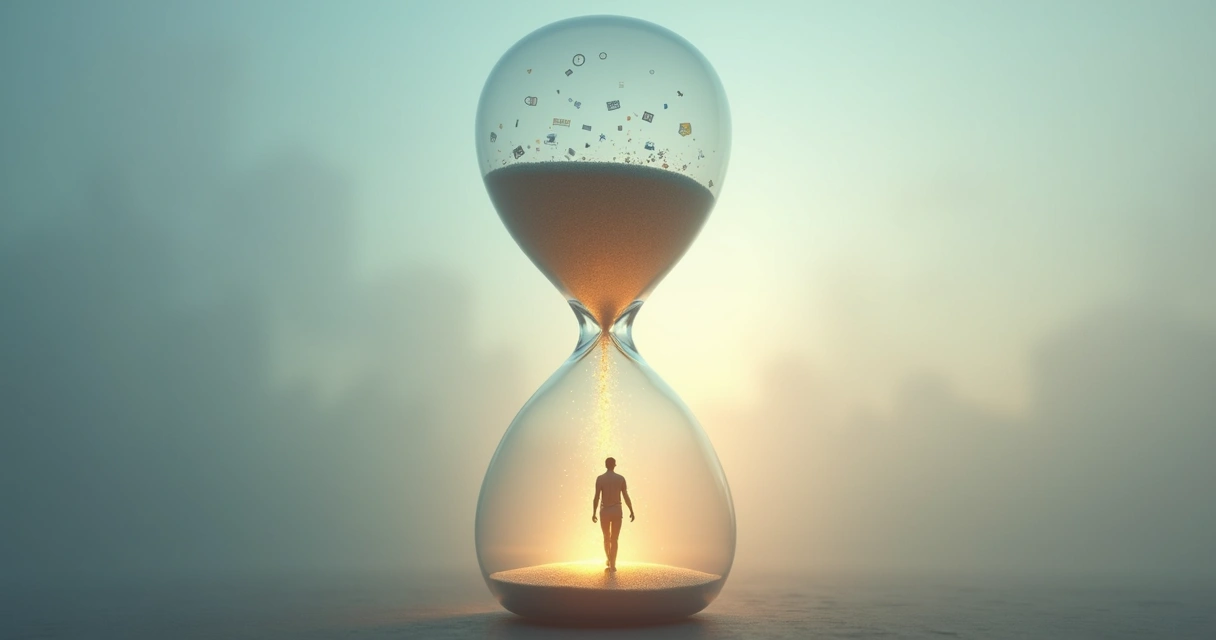 Person walking along glowing road inside an hourglass 