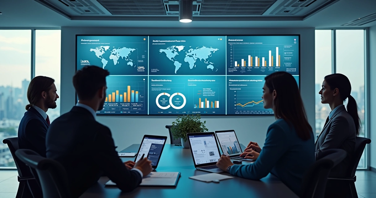Equipe de negócios monitorando métricas de automação em painéis digitais 
