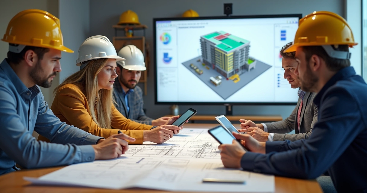 Equipe multidisciplinar da construção civil discutindo projeto em sala de reuniões com telas e plantas abertas 
