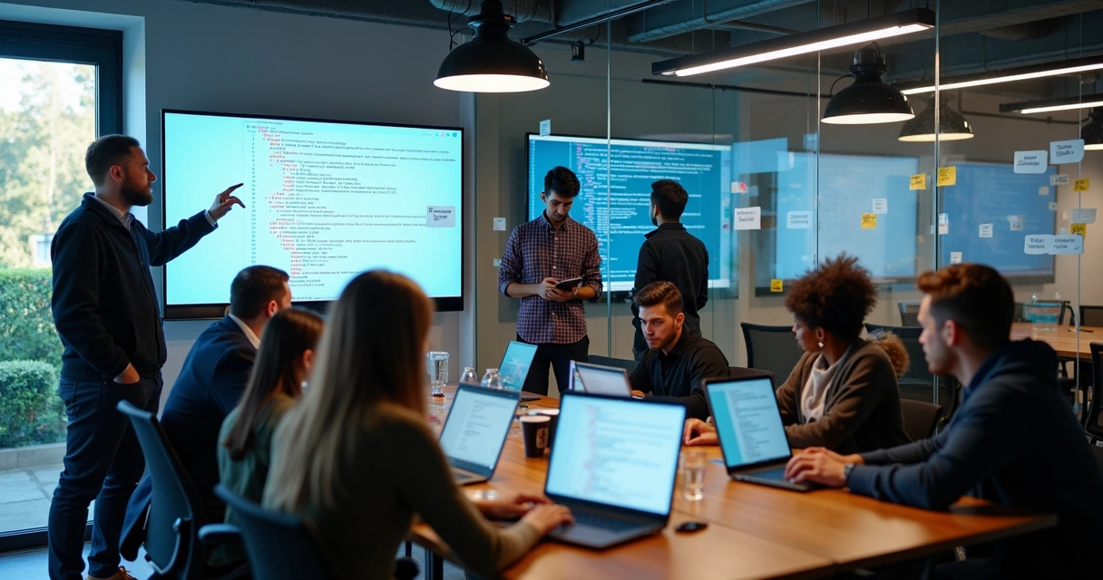 Equipe de profissionais diversos colaborando em processo de evolução de software 