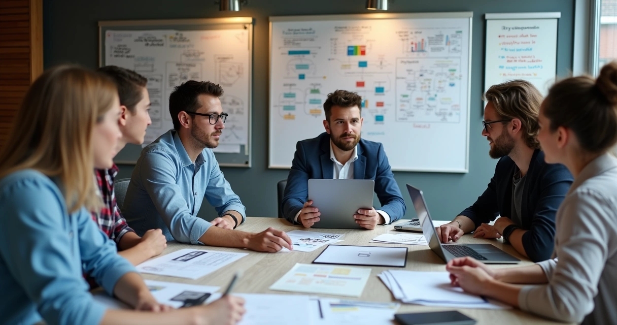Equipe multidisciplinar reunida ao redor de mesa analisando protótipos de site institucional 