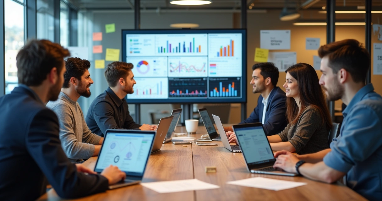 Equipe multidisciplinar reunida ao redor de mesa com laptops e gráficos de métricas digitais
