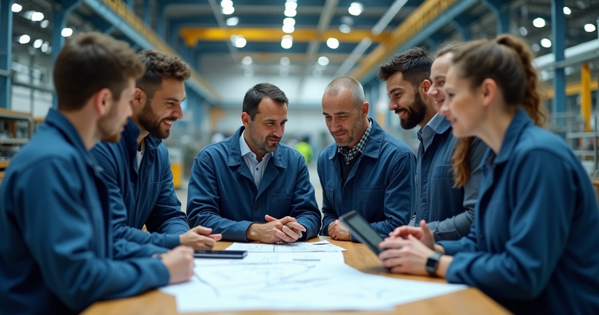 Equipe multidisciplinar reunida analisando documentos em chão de fábrica