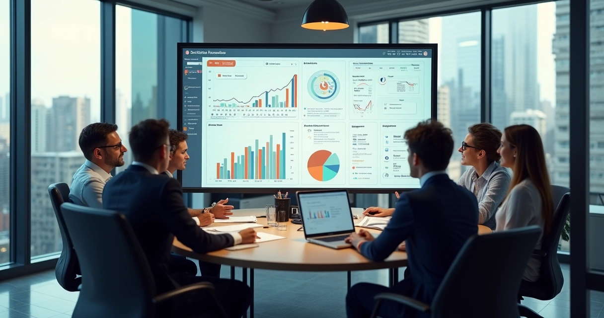 Equipe diversificada colaborando em negociação digital com dashboards 