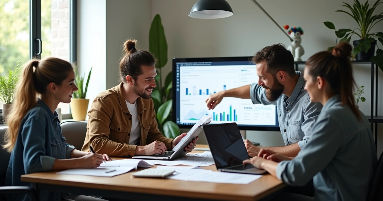 Equipe de pessoas com diferentes habilidades reunida em torno de uma mesa de trabalho com laptops abertos 
