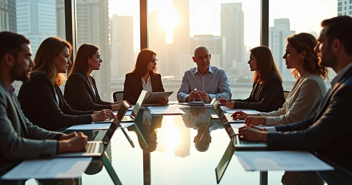 Equipe multidisciplinar discutindo em mesa de reunião 
