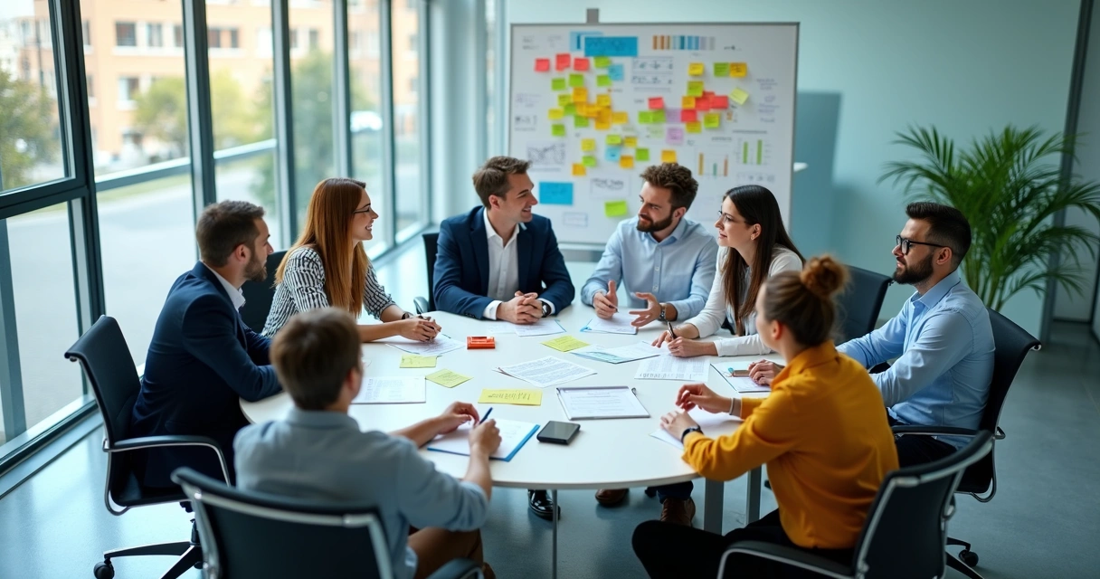 Seis colegas sentados em círculo em uma sala de reunião, com quadros brancos ao fundo e papéis coloridos, discutindo projeto em grupo. 