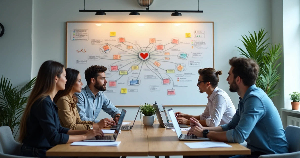 Equipe de vendas, marketing, produto e engenharia reunida em frente a um quadro de dados 