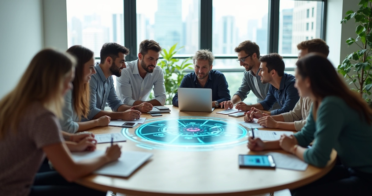 Time multifuncional em reunião colaborativa ao redor de mesa redonda moderna 