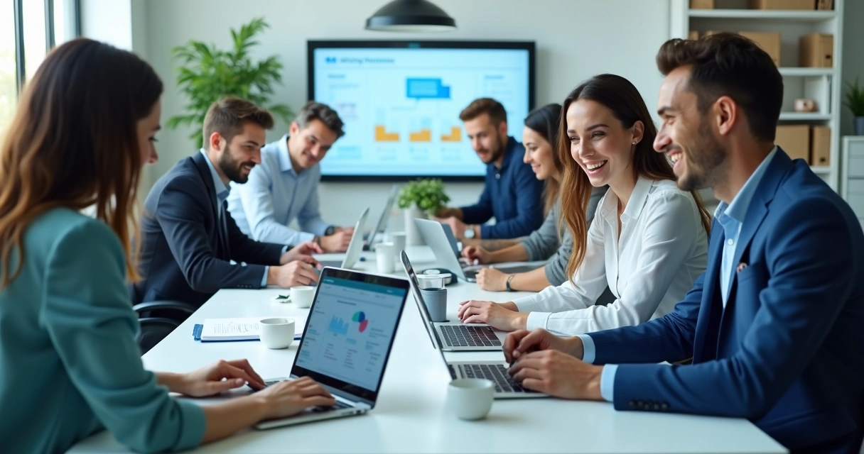 Equipe pequena usando computadores, felize por terem processos automatizados