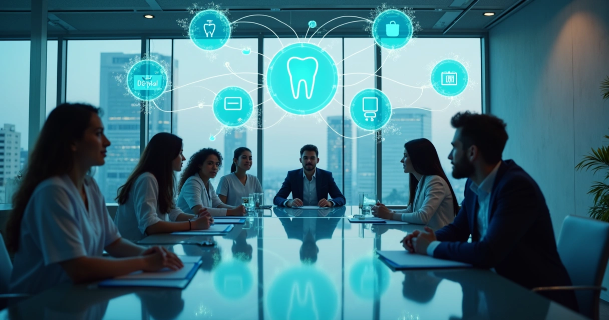 Equipe odontológica colaborando em ambiente moderno com hologramas digitais de conexões de negócios 