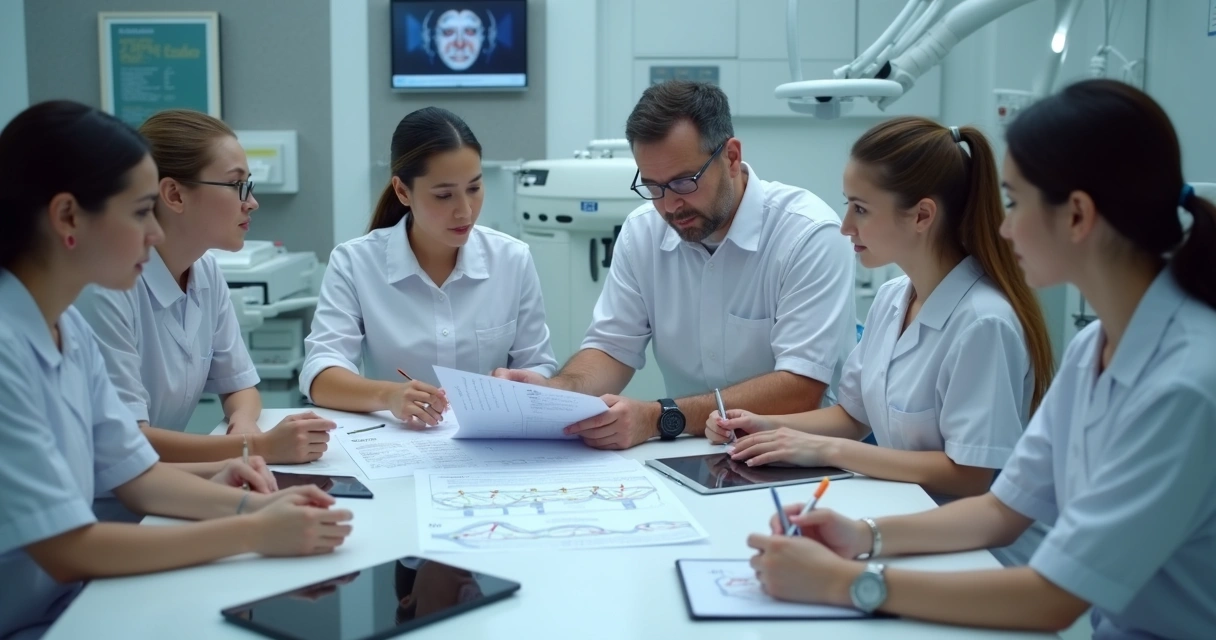 Equipe odontológica treinando procedimentos padronizados em ambiente de clínica 