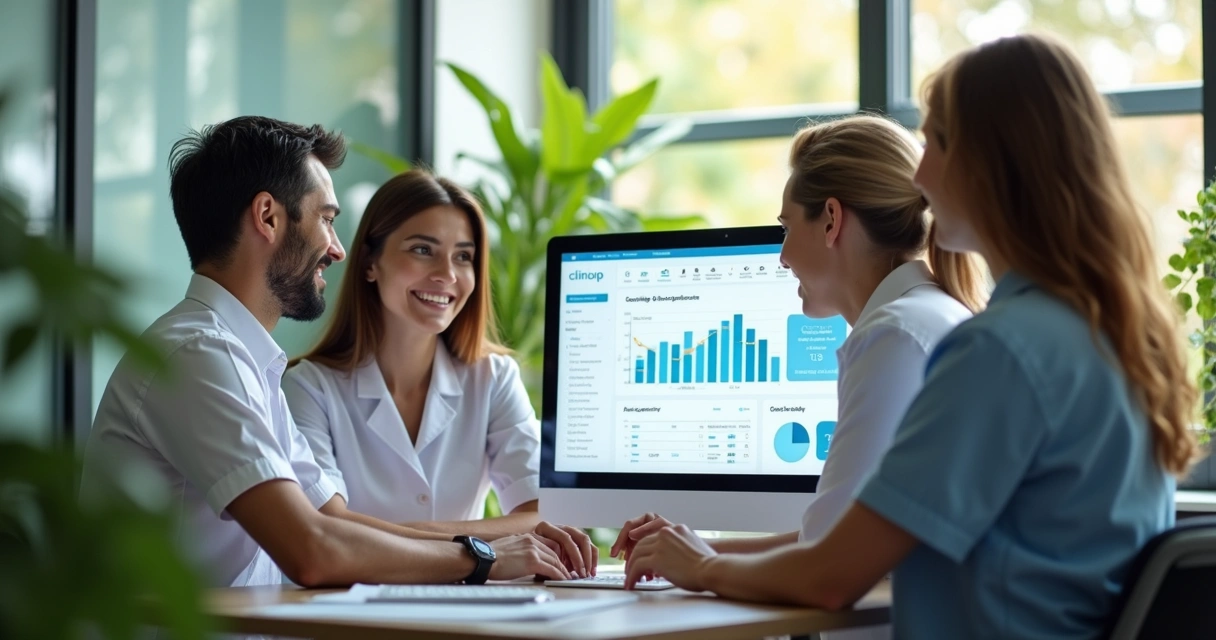 Equipe de clínica discutindo frente a um monitor com software Clinicorp na tela 