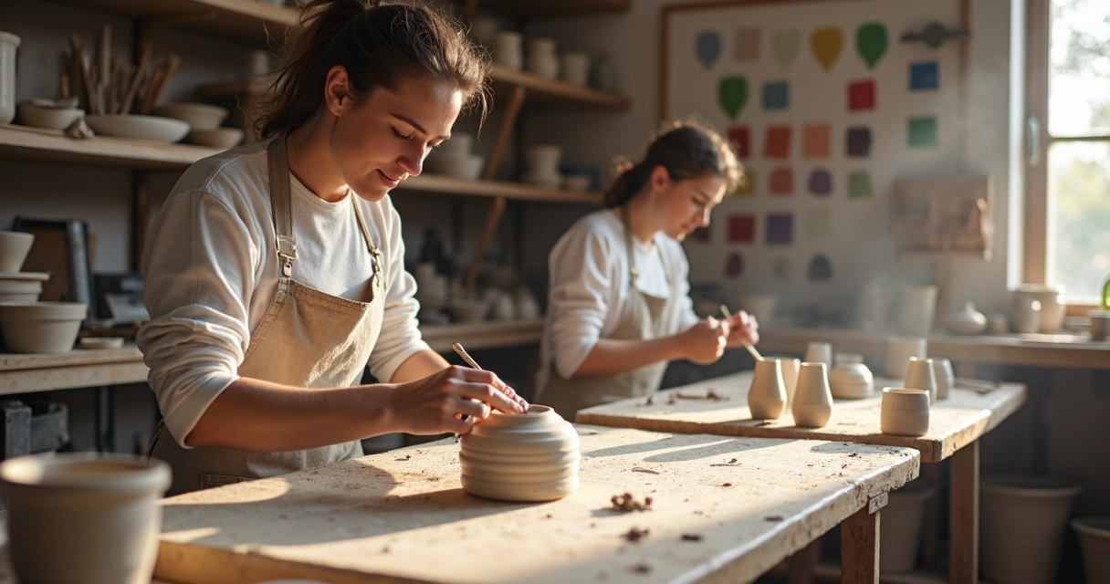 Equipe de produção de cerâmica em oficina, trabalhando em processos diferentes. 