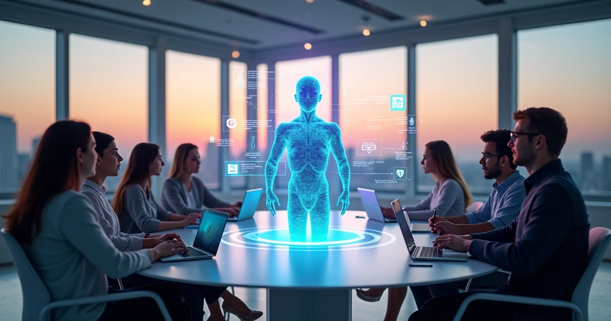 Time em roda observando assistente virtual gigante em escritório moderno 