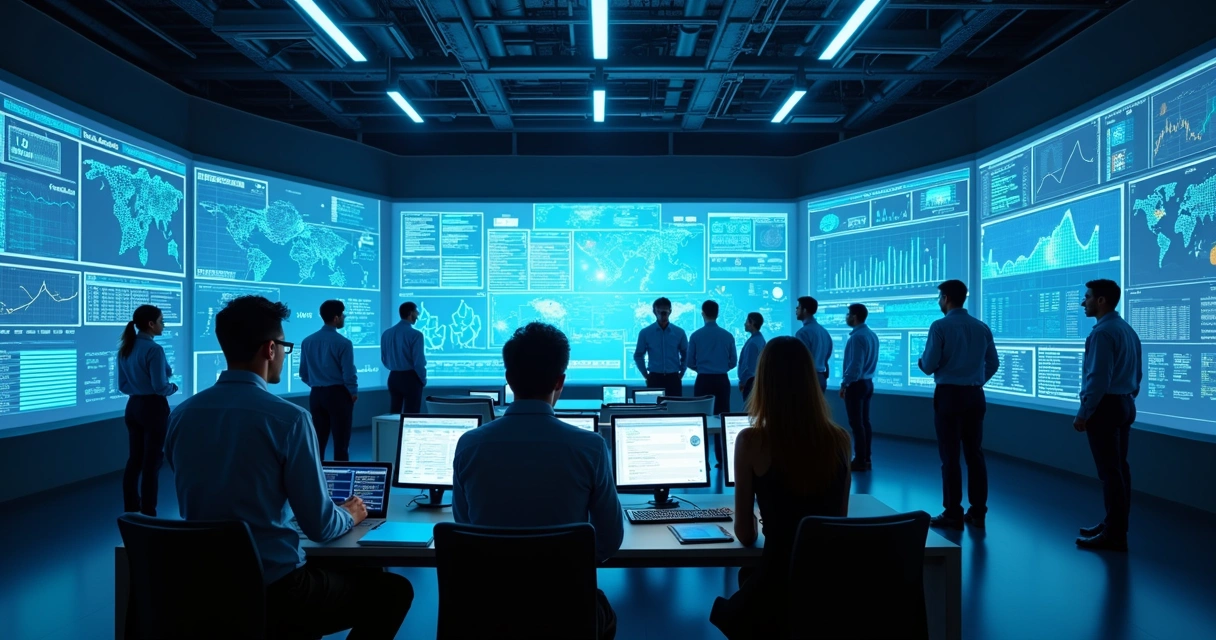 Equipe de operações analisando dashboards de IA e gráficos em painéis 