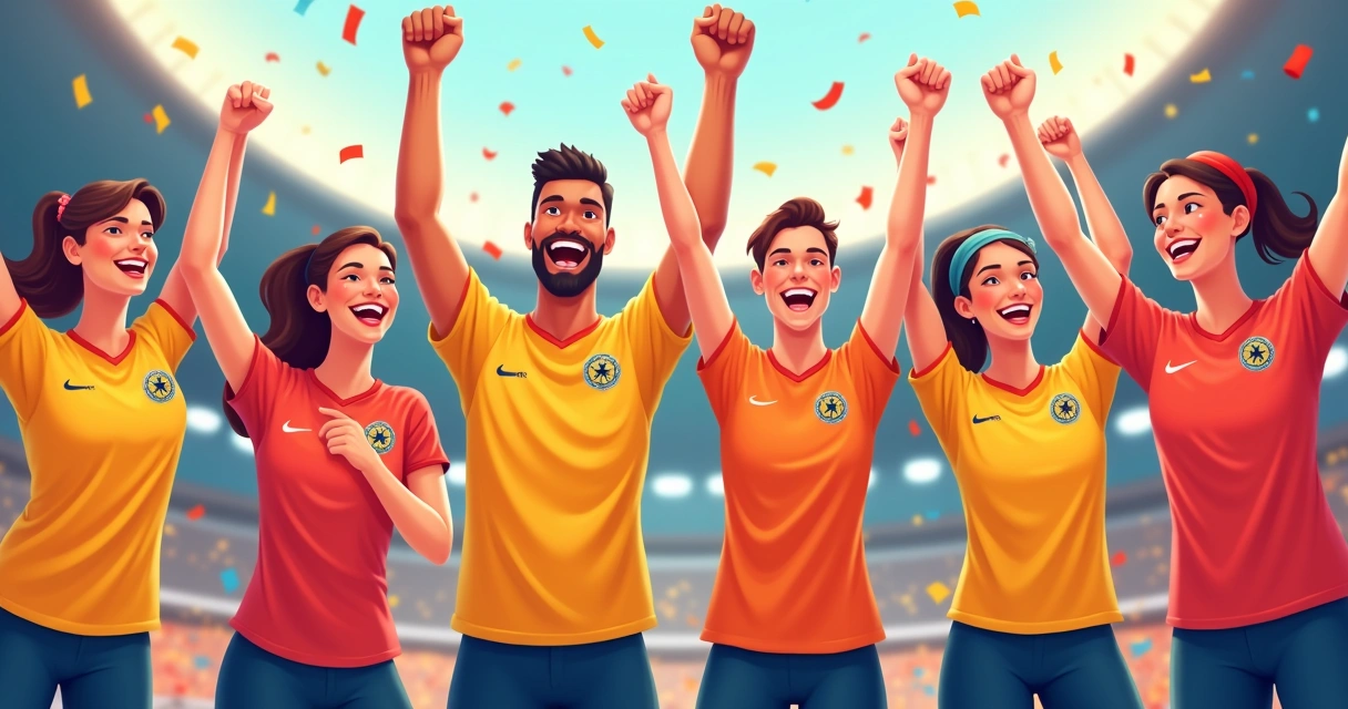 Time comemorando com uniformes esportivos personalizados e coloridos