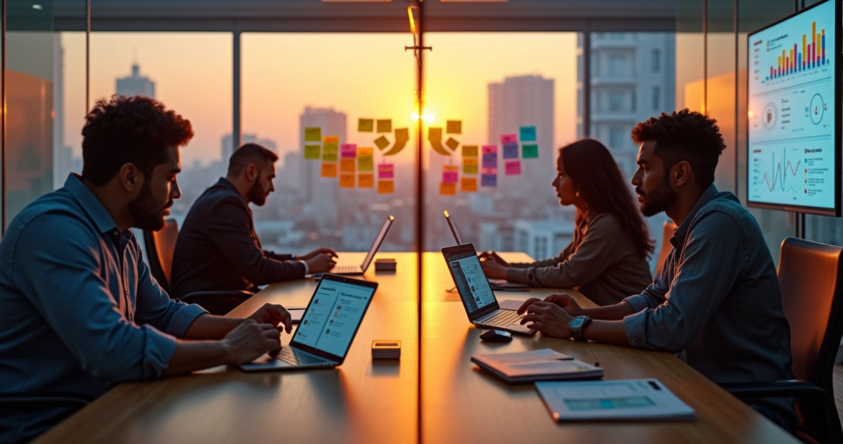 Equipe de outbound marketing em operação de prospecção B2B em escritório moderno 