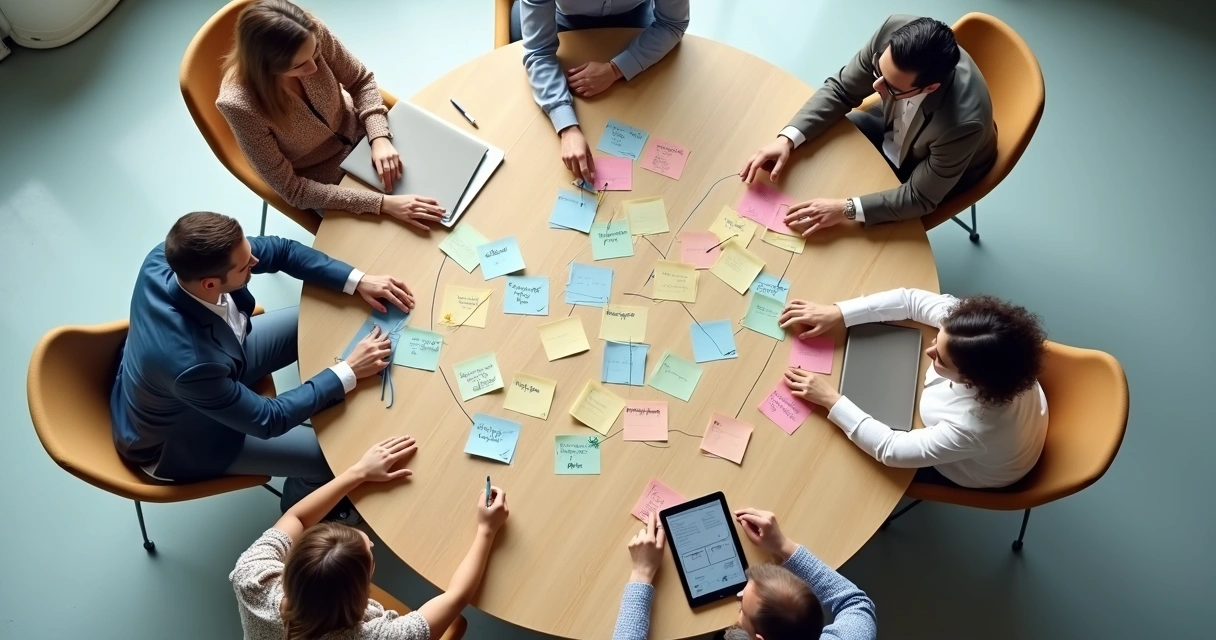 Vista superior de mesa redonda com equipe organizando padrões com post-its coloridos 