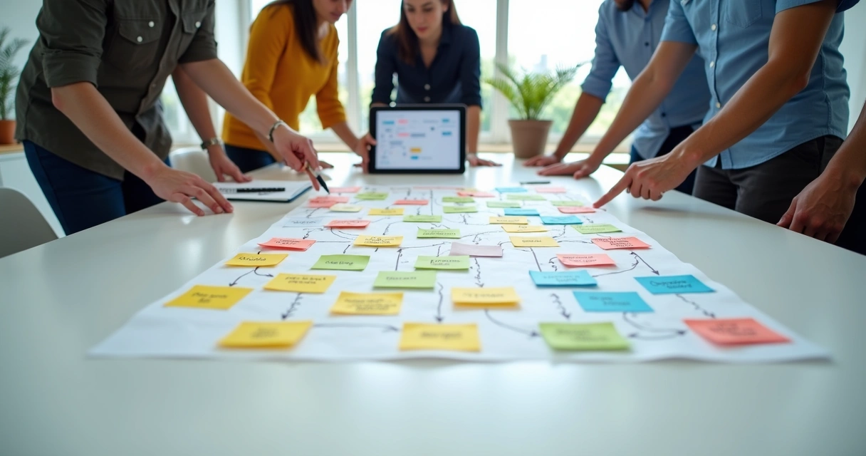 Equipe em volta de mesa organizando papéis em cartões coloridos 