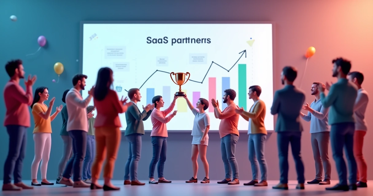 Equipe de parceiros SaaS comemorando conquista colaborativa 