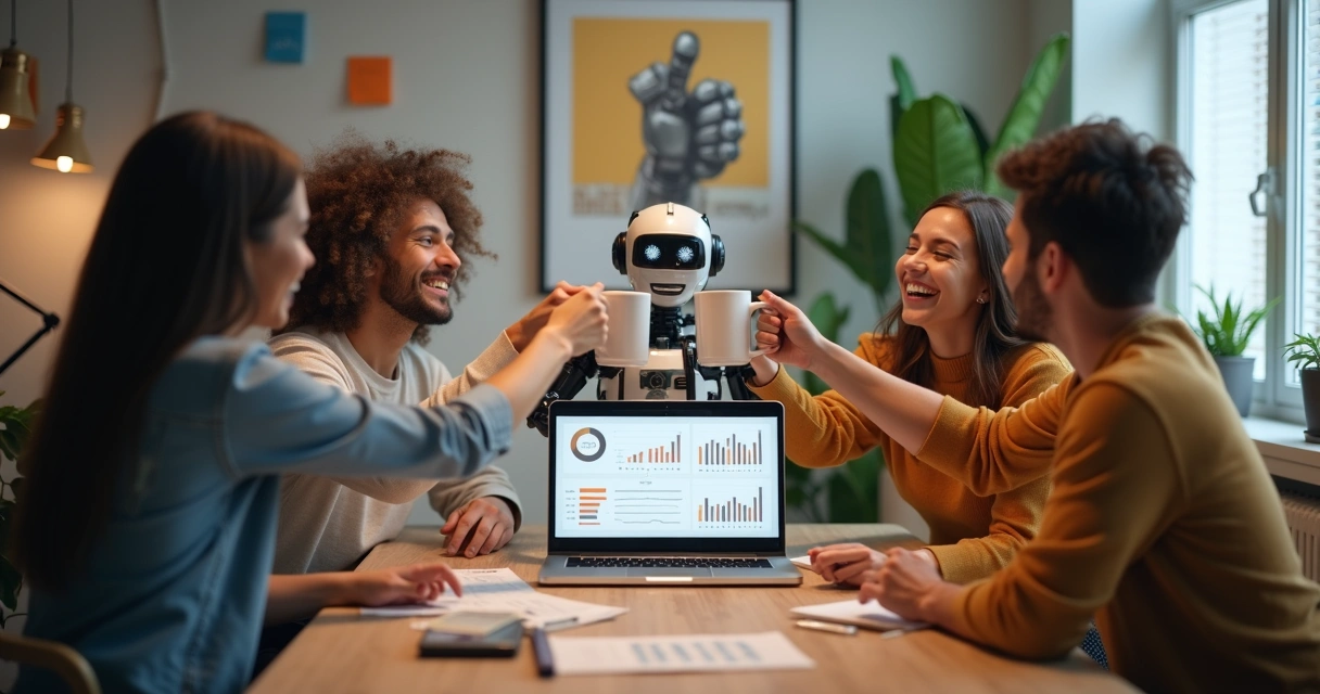 Equipe de pequena empresa comemorando avanço em IA 