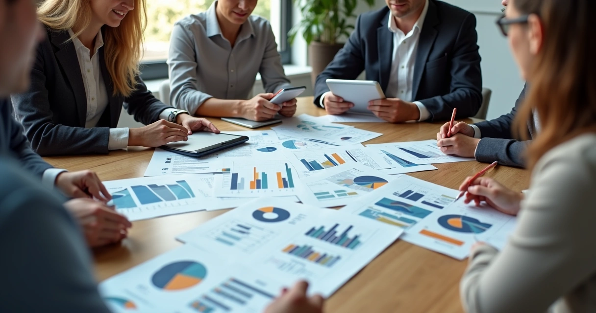 Equipe de pequena empresa reunida em mesa discutindo relatórios financeiros 