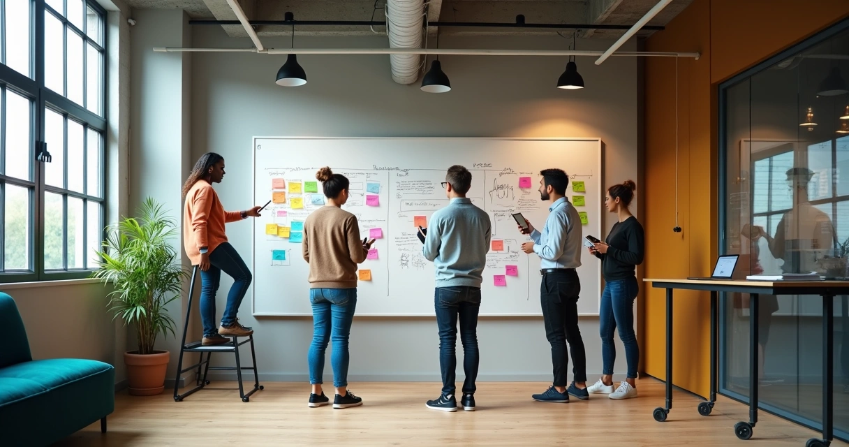 Pequeno time colaborando em frente a grande quadro de ideias em coworking moderno 