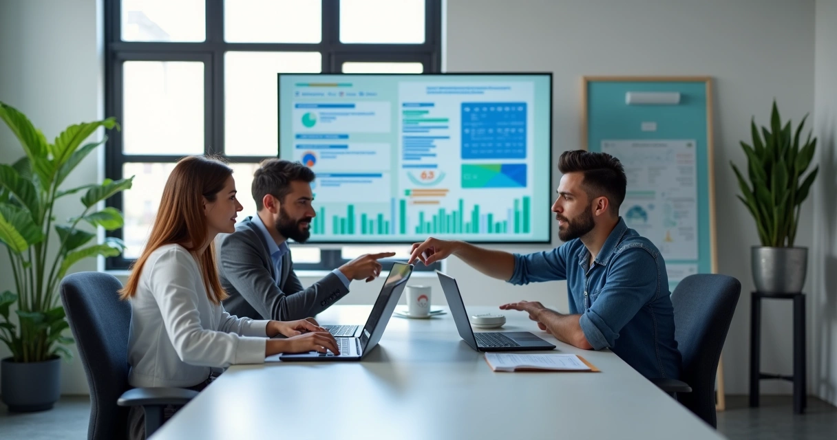 Equipe pequena de tecnologia trabalhando em gestão de chamados no computador com interface digital de tickets na tela 