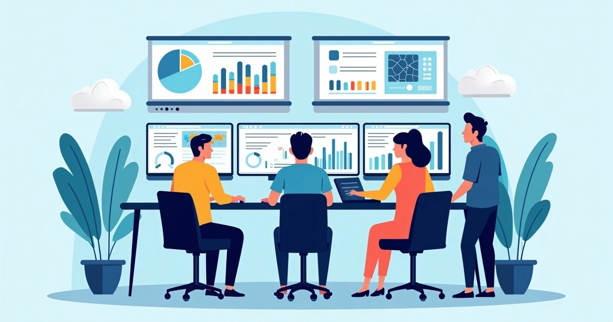 Equipe de TI pequena monitorando infraestrutura de nuvem com gráficos 