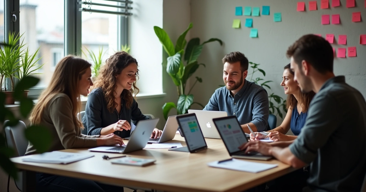 Equipe pequena reunida em mesa criando app no-code com notebooks