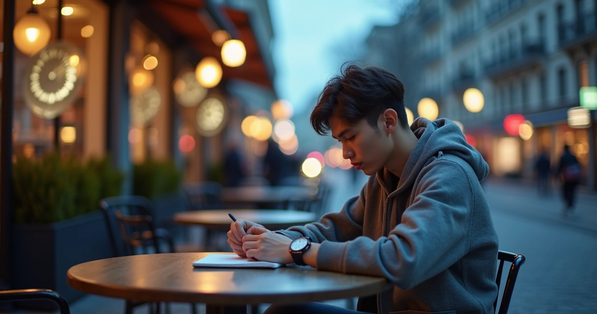 Person sitting in a city café with clocks and light trails blending around them 