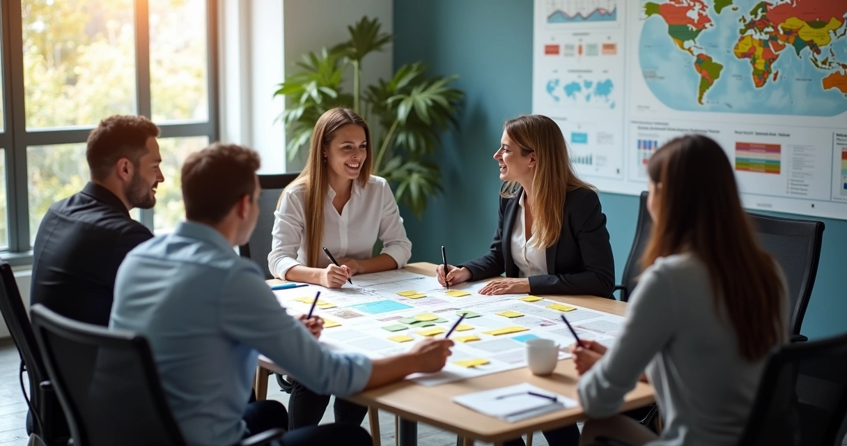 Equipe discutindo calendário de campanhas sazonais em escritório moderno