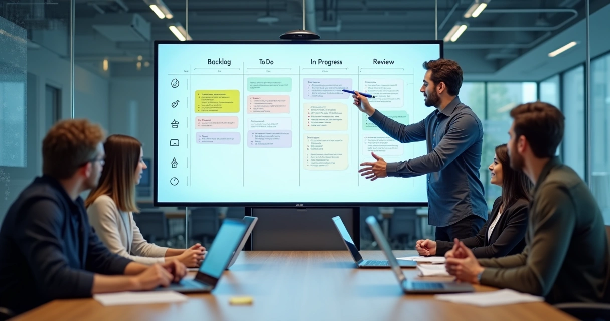 Equipe analisando backlog em quadro kanban digital em sala de reunião moderna 