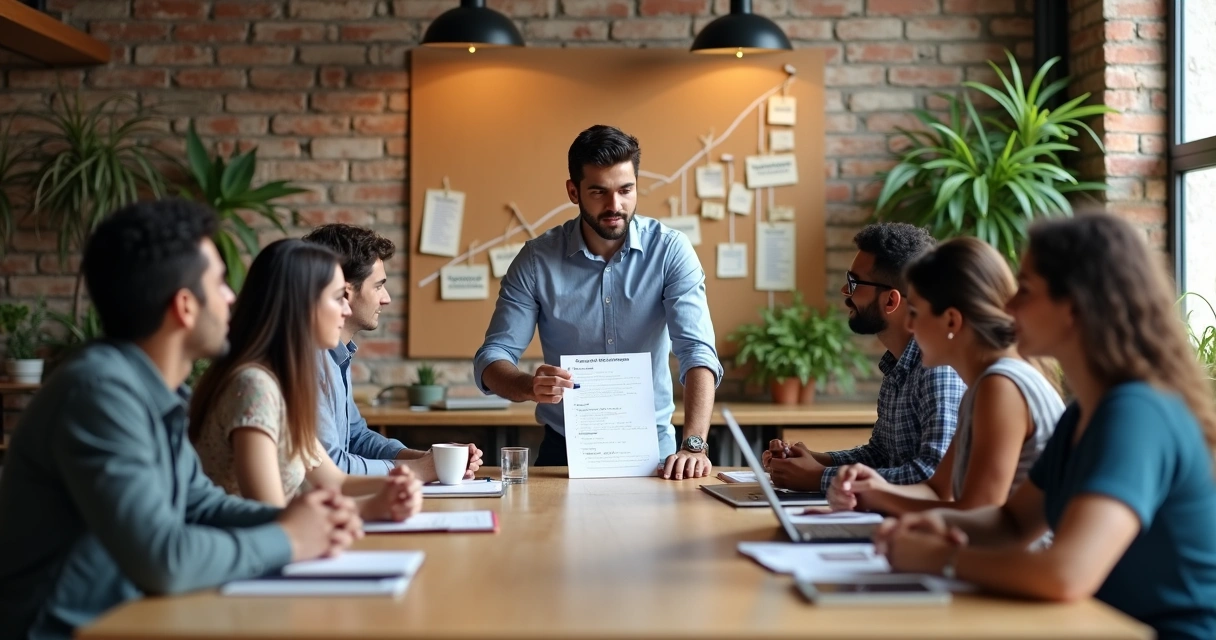 Time de PME reunido em ambiente simples com dono mostrando plano de crescimento 