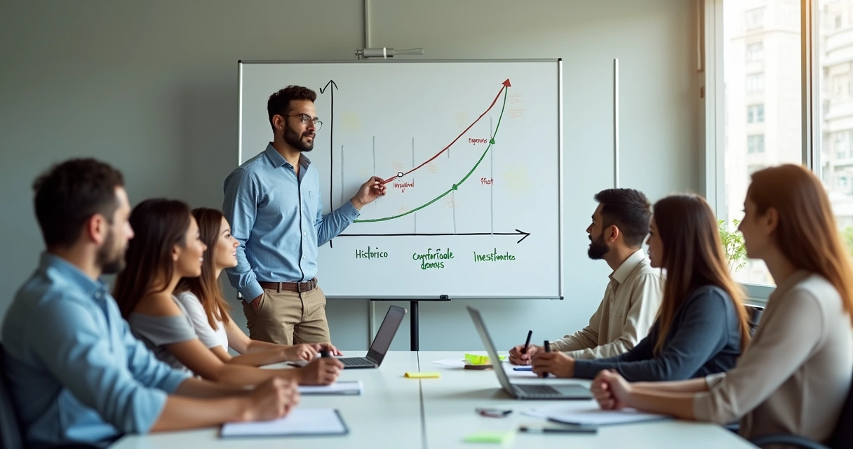 Gestor de PME brasileira e equipe comercial definindo meta de crescimento em quadro branco 