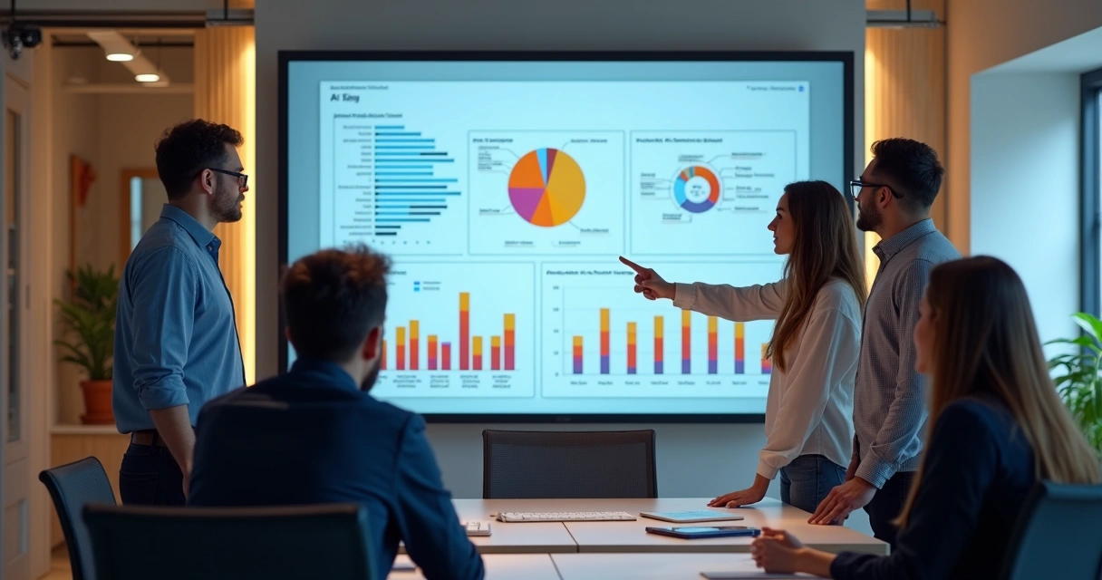 Equipe de vendas PME consultando gráficos inteligentes de IA 