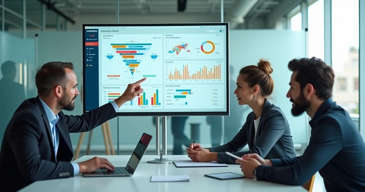 Equipe de pré-venda B2B analisando leads qualificados em dashboard de CRM 