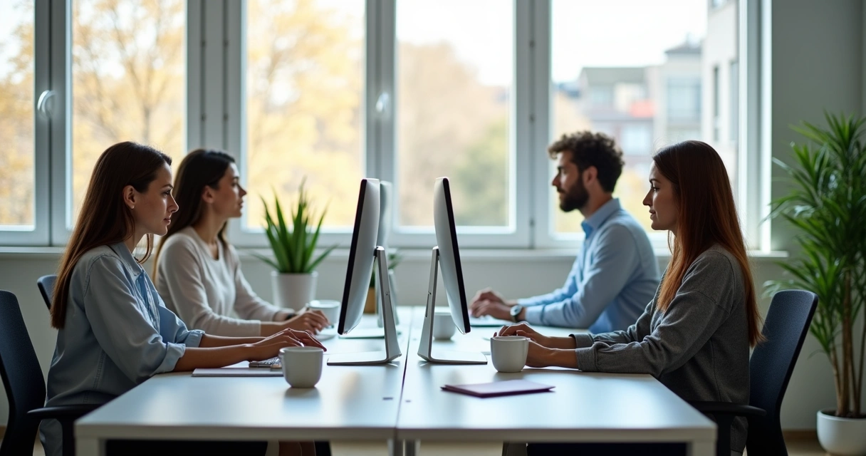 Equipe de pré-venda trabalhando em computadores em ambiente de escritório moderno
