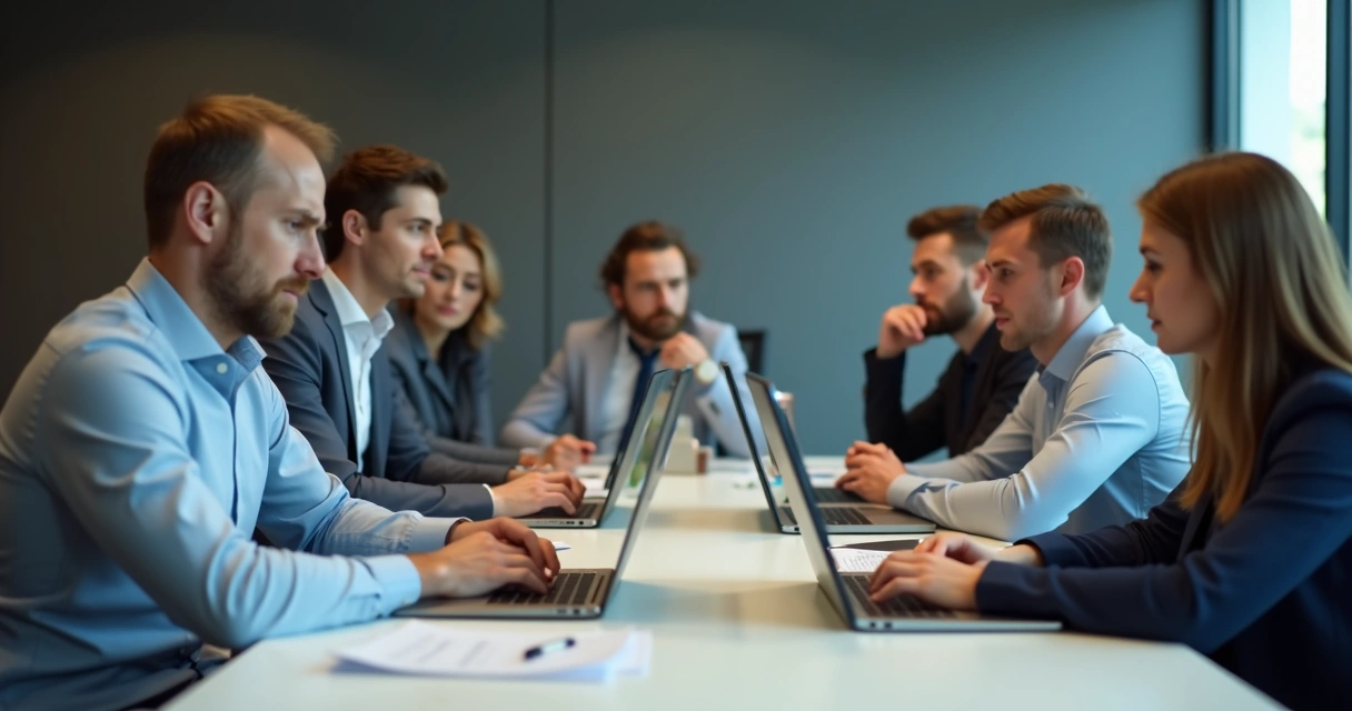 Equipe de trabalho reunida em sala de reunião, com semblantes sérios e desconforto aparente entre as pessoas. 