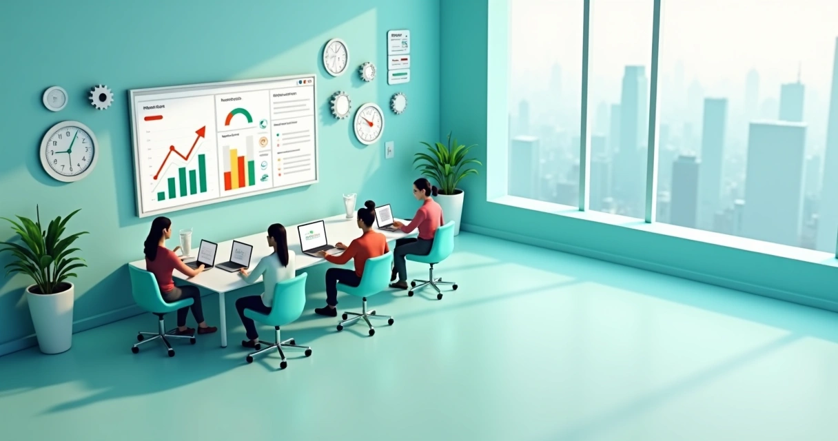 Equipe em escritório moderno analisando painel de produtividade em tela gigante 