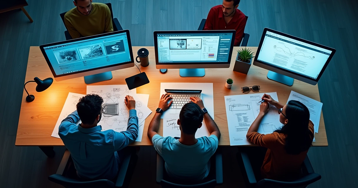 Equipe de desenvolvimento criando protótipo digital em telas de software 